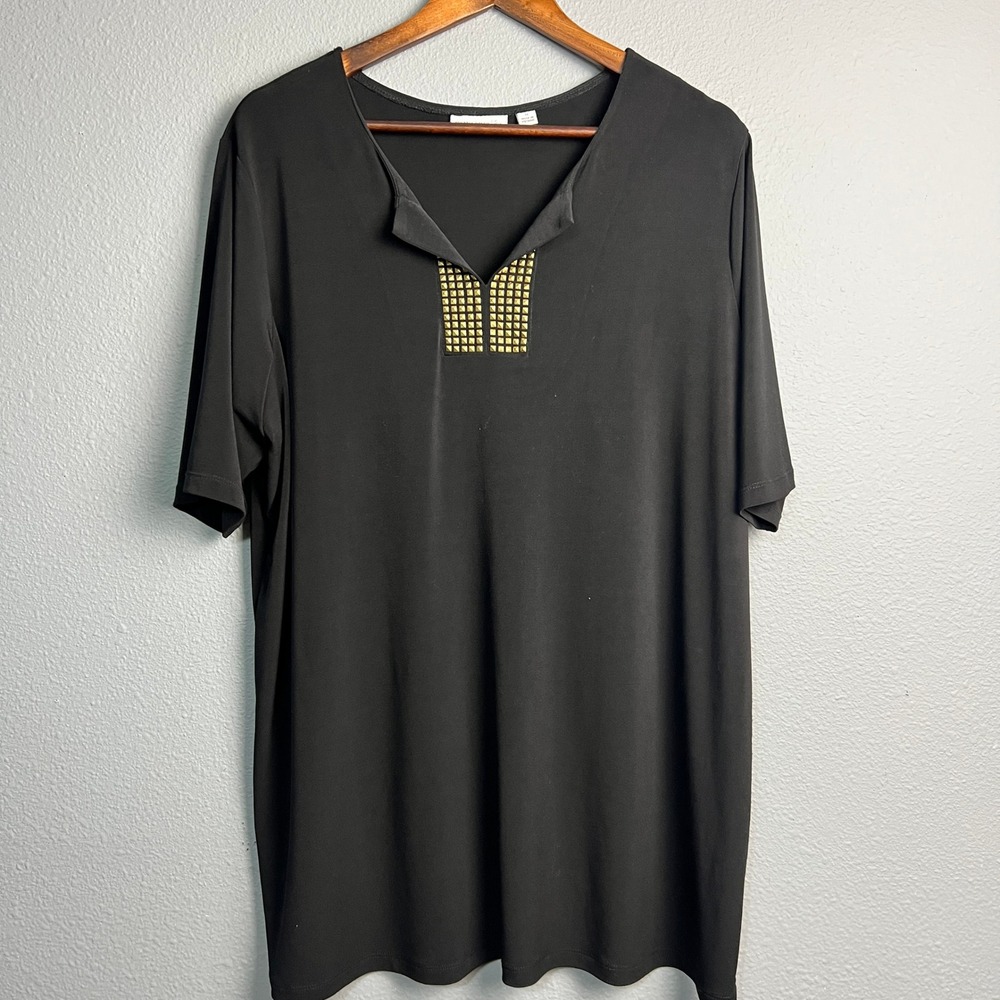 Susan Graver Liquid Knit Embellished‎ Top V-Neck Short Sleeve Blouse Black 1X